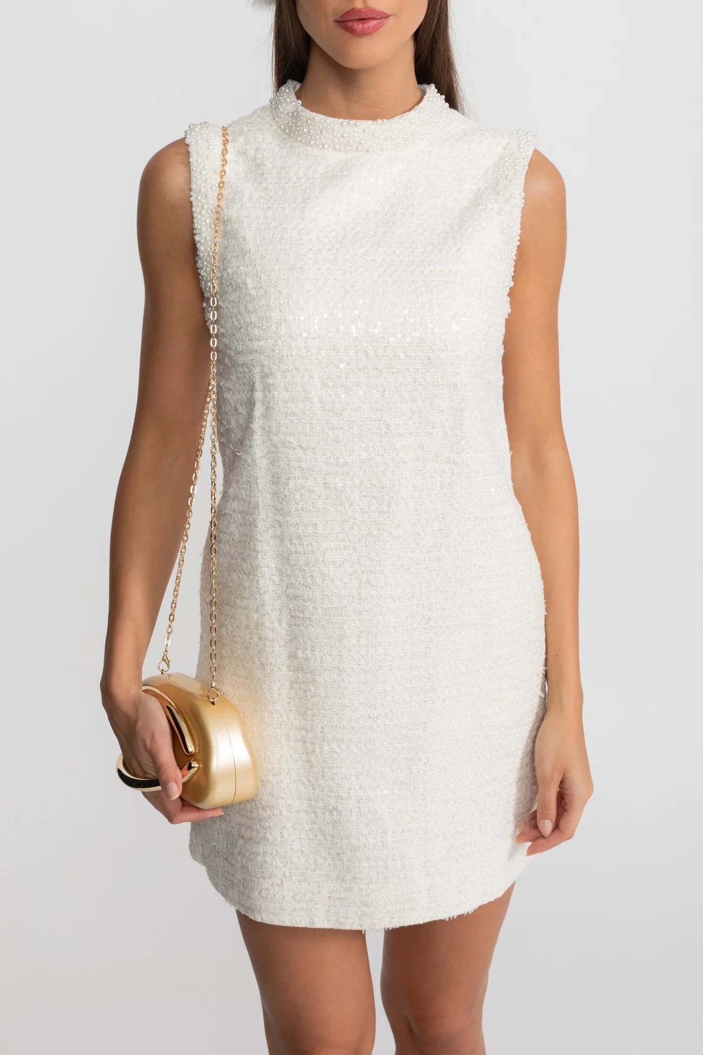 Sleeveless Mini Dress with Pearl Trim - White