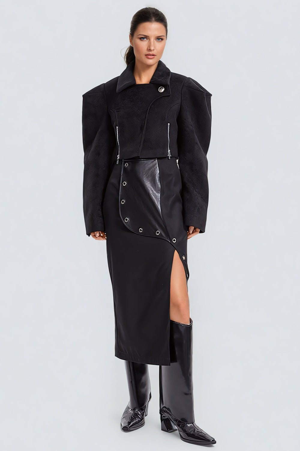 Structured Cropped Jacket with Oversized Sleeves - Black