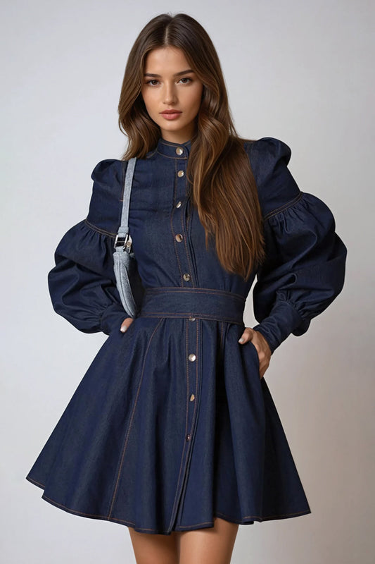 Puff Sleeve Mini Dress with Button Front and Belted Waist - Blue