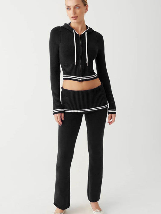 Two-Piece Set with Ribbed Knit Hoodie and Trousers - Black