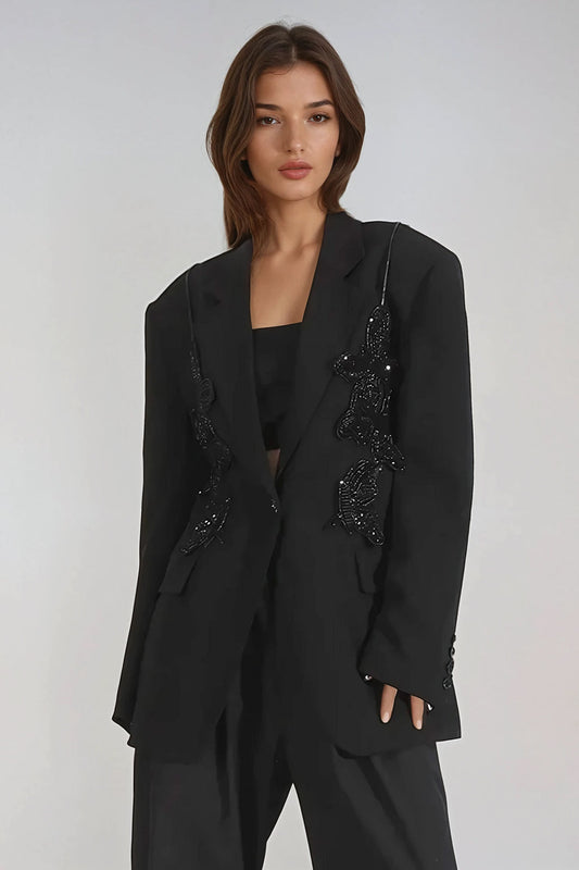 Single-Breasted Jacket with Black Embellishments - Black