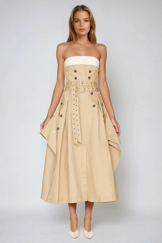 Strapless Midi Dress with Belted Waist and Button Details - Green