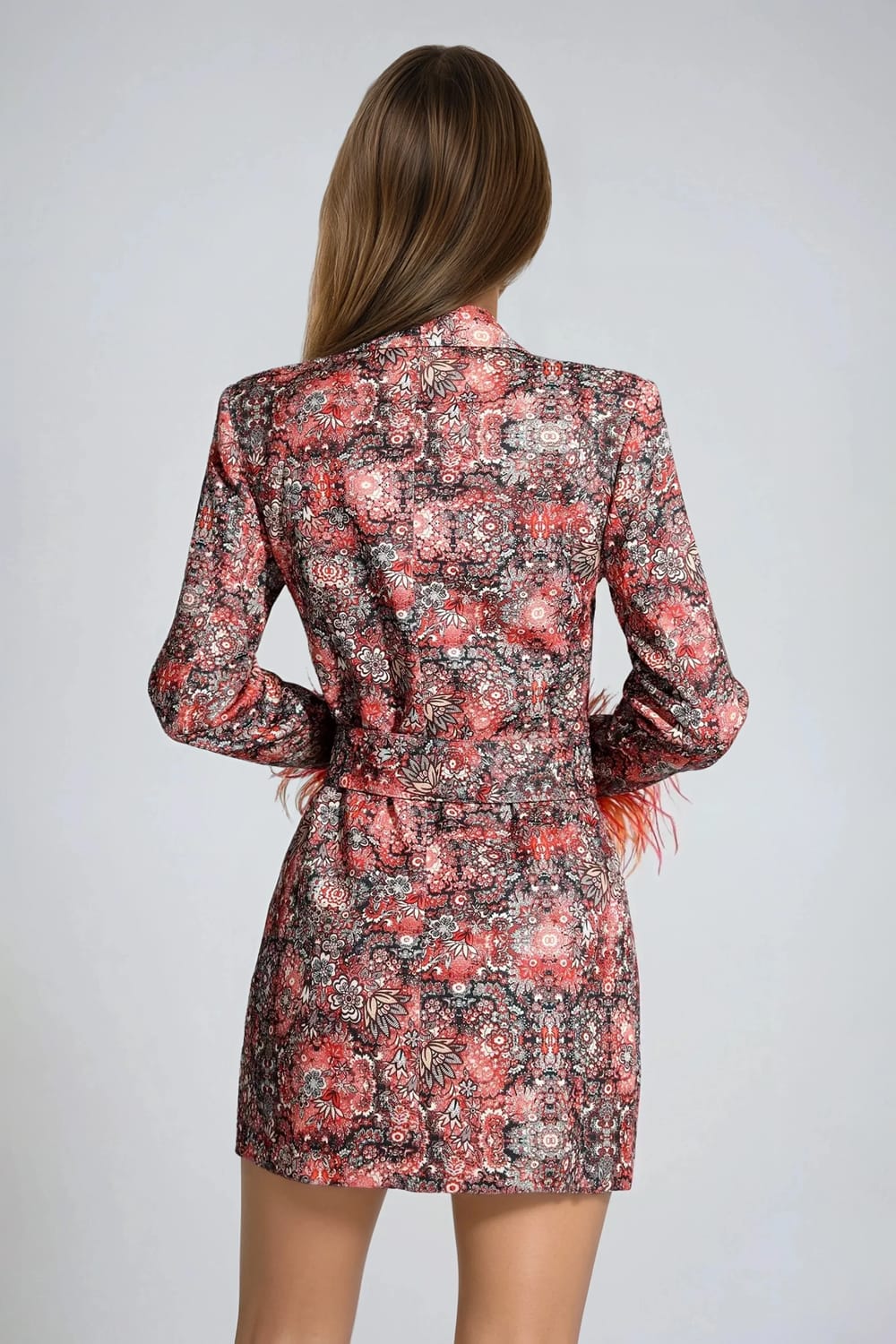 Belted Blazer-Style Mini Dress with Feather Cuffs - Orange