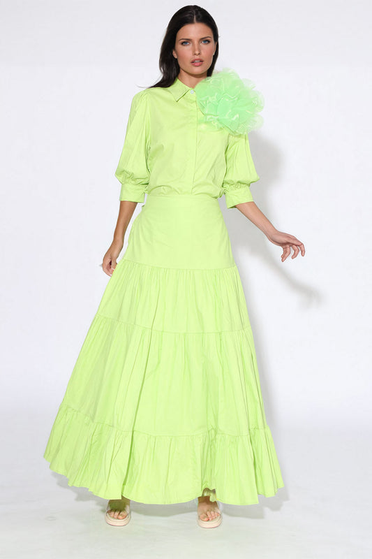 Two-Piece Set with 3D Flower Shirt and Long Skirt - Green