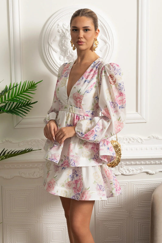 Long Sleeve Peplum Mini Dress With Yellow Floral Print - Pink
