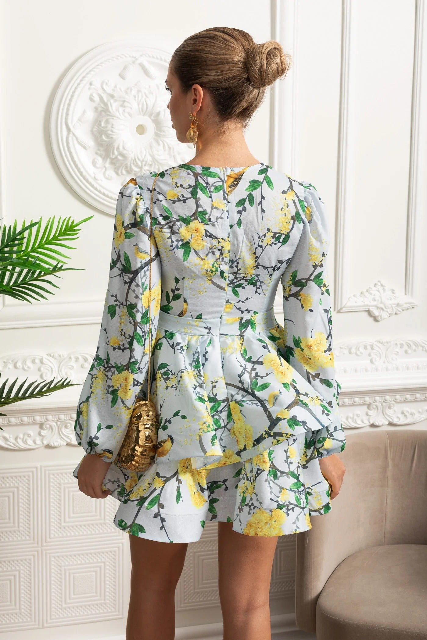 Long Sleeve Peplum Mini Dress With Yellow Floral Print - Light Blue