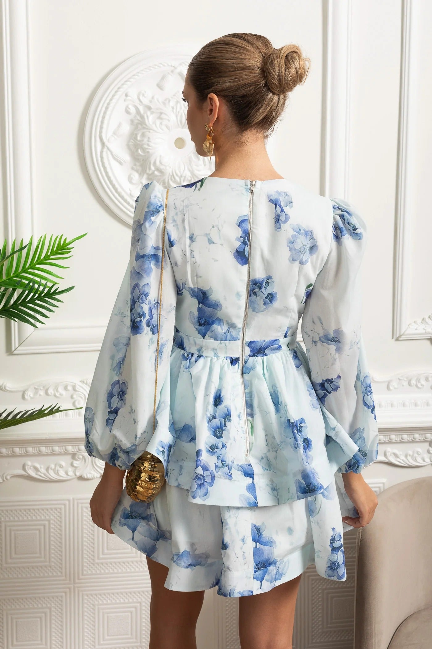 Long Sleeve Peplum Mini Dress With Yellow Floral Print - Blue