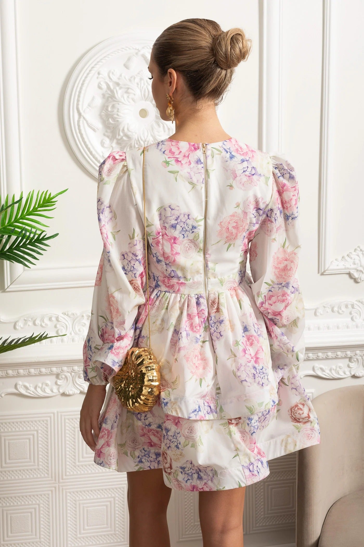 Long Sleeve Peplum Mini Dress With Yellow Floral Print - Pink