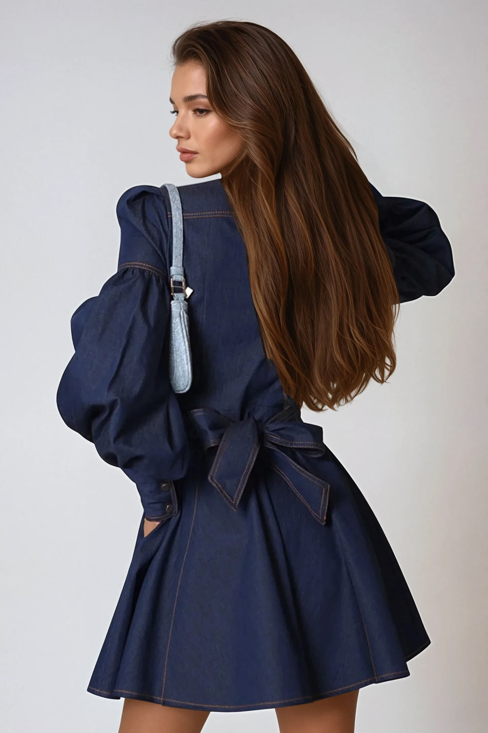 Puff Sleeve Mini Dress with Button Front and Belted Waist - Blue