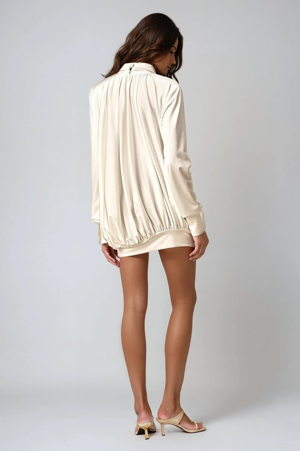 Draped Mini Dress with High Neck and Floral Detail - White
