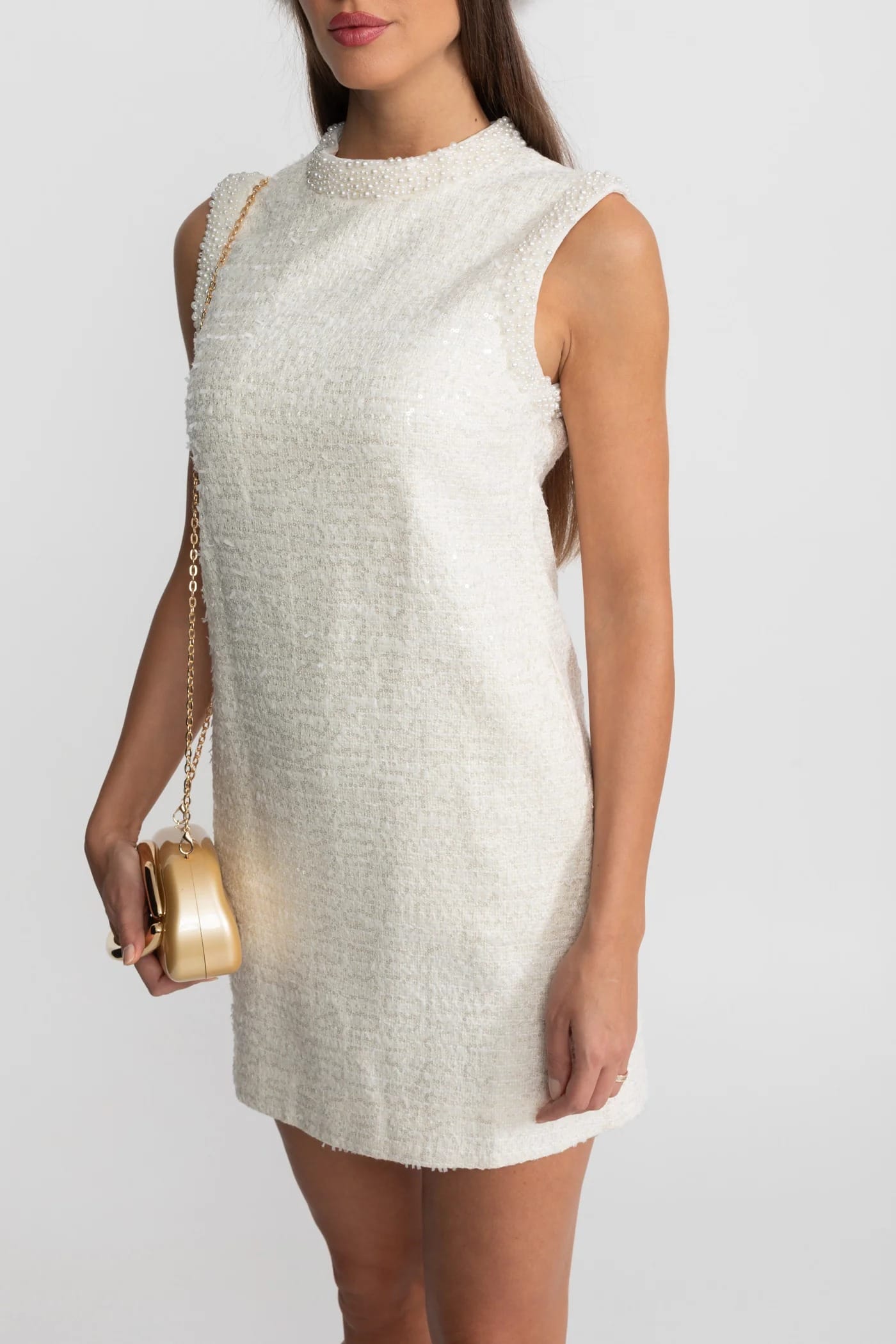 Sleeveless Mini Dress with Pearl Trim - White
