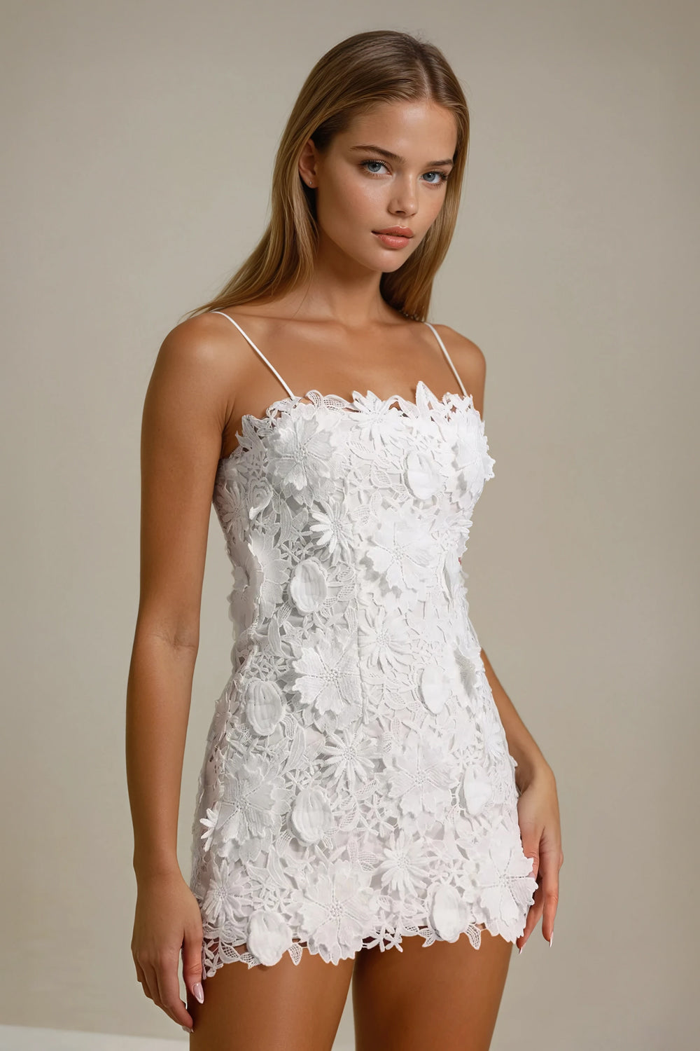 Mini Dress with Floral Lace - White