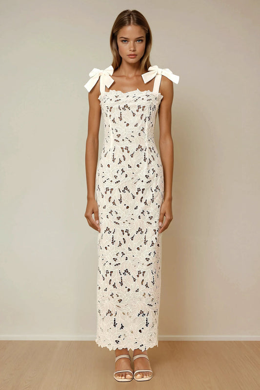 Bow Strap Lace Maxi Dress - White