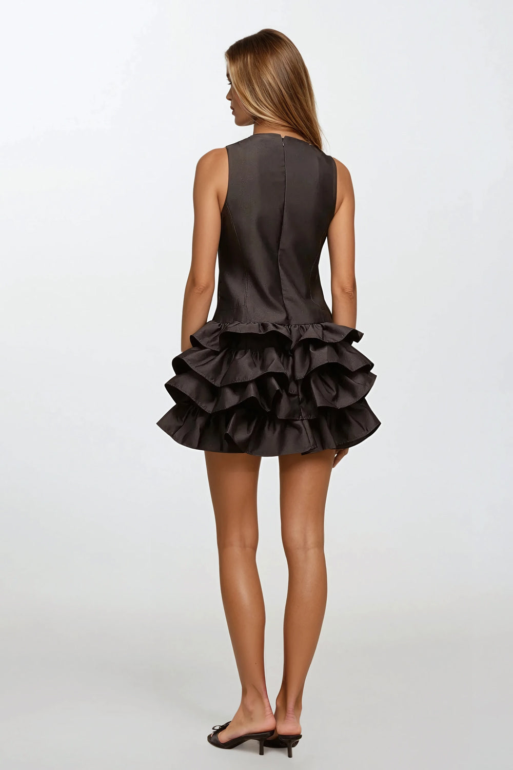 Sleeveless Mini Dress with Layered Ruffle Skirt - Black