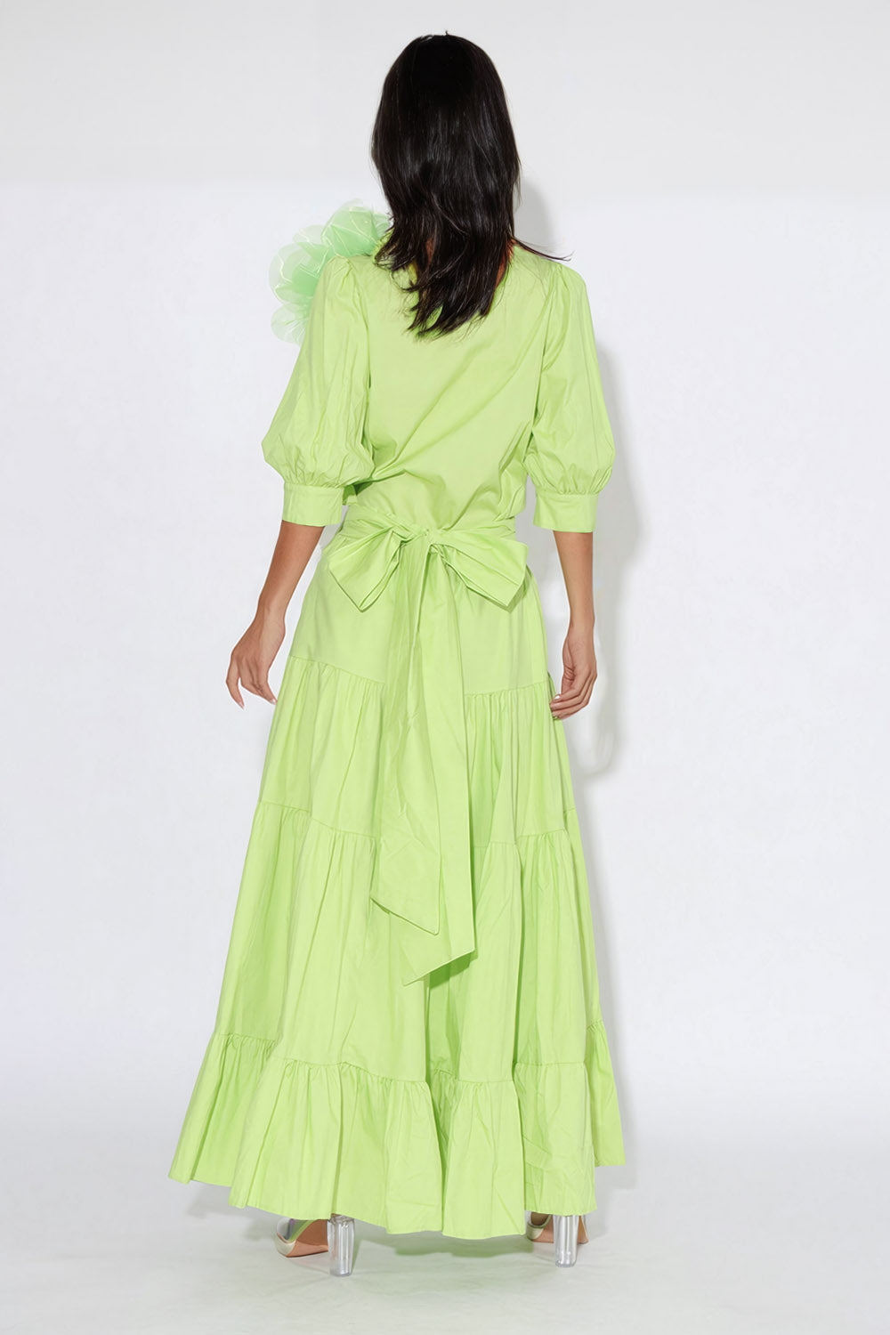 Two-Piece Set with 3D Flower Shirt and Long Skirt - Green