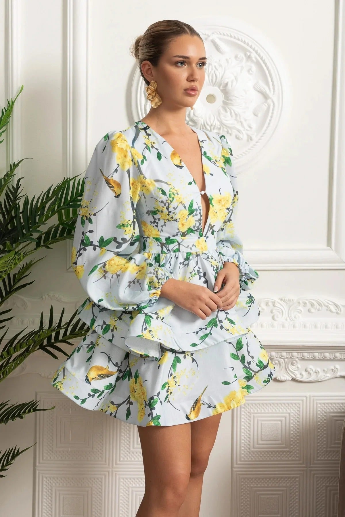 Long Sleeve Peplum Mini Dress With Yellow Floral Print - Light Blue