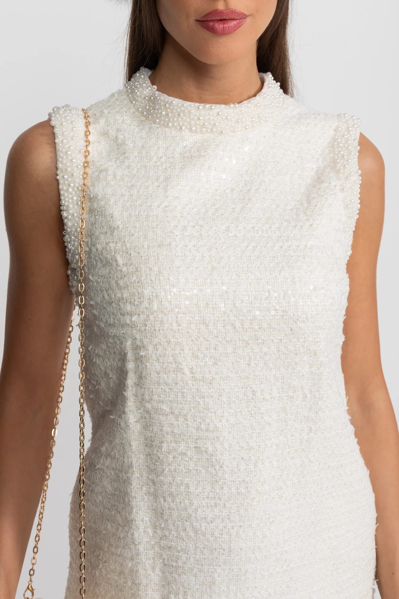 Sleeveless Mini Dress with Pearl Trim - White