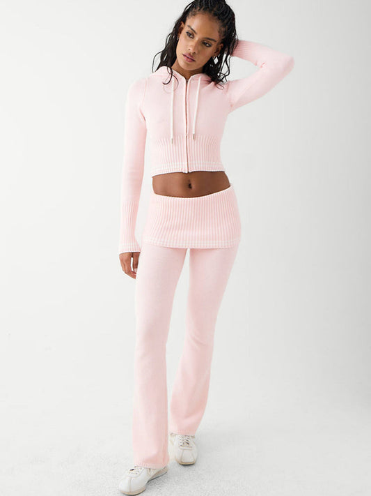 Two-Piece Set with Ribbed Knit Hoodie and Trousers - Pink