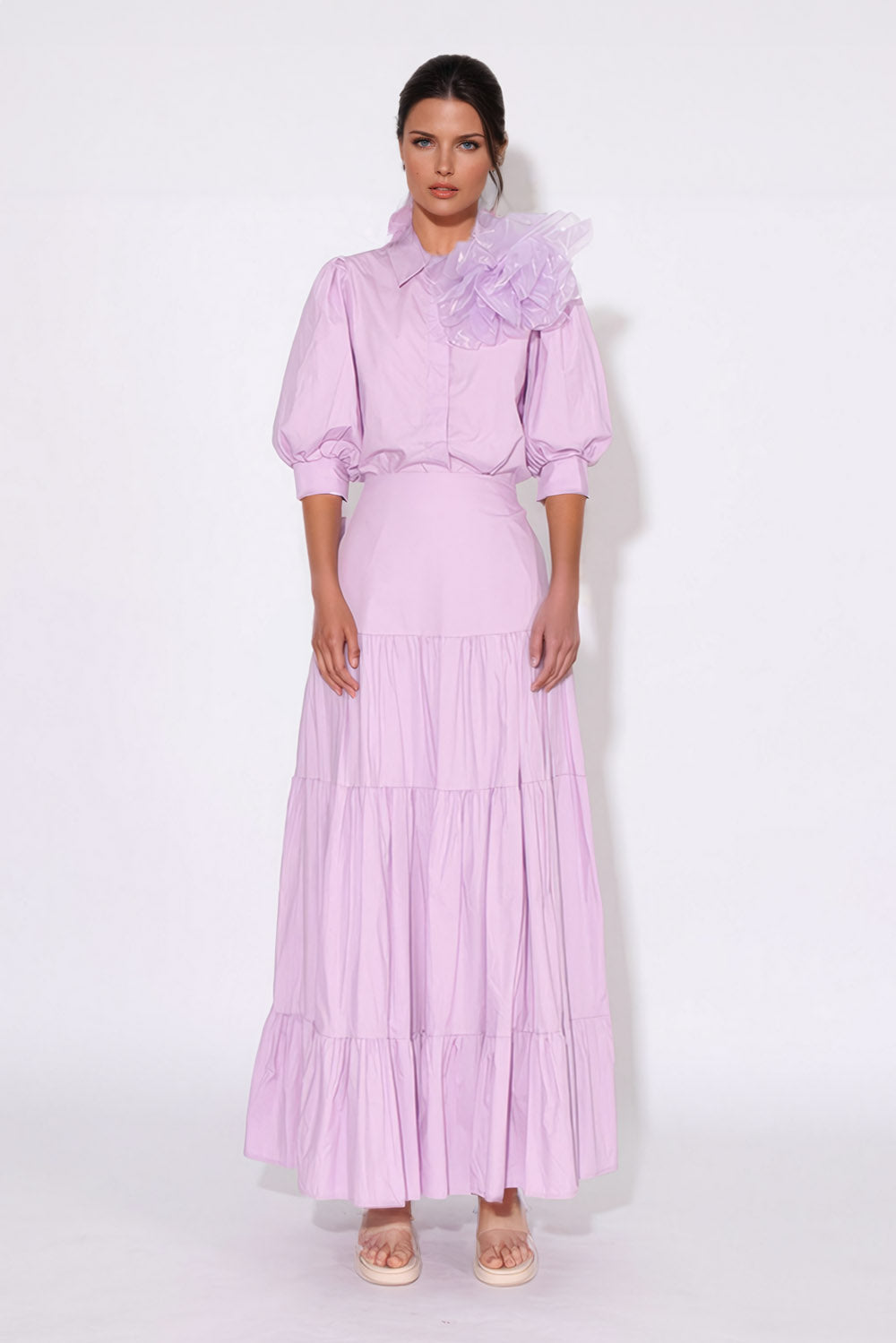 Two-Piece Set with 3D Flower Shirt and Long Skirt - Purple