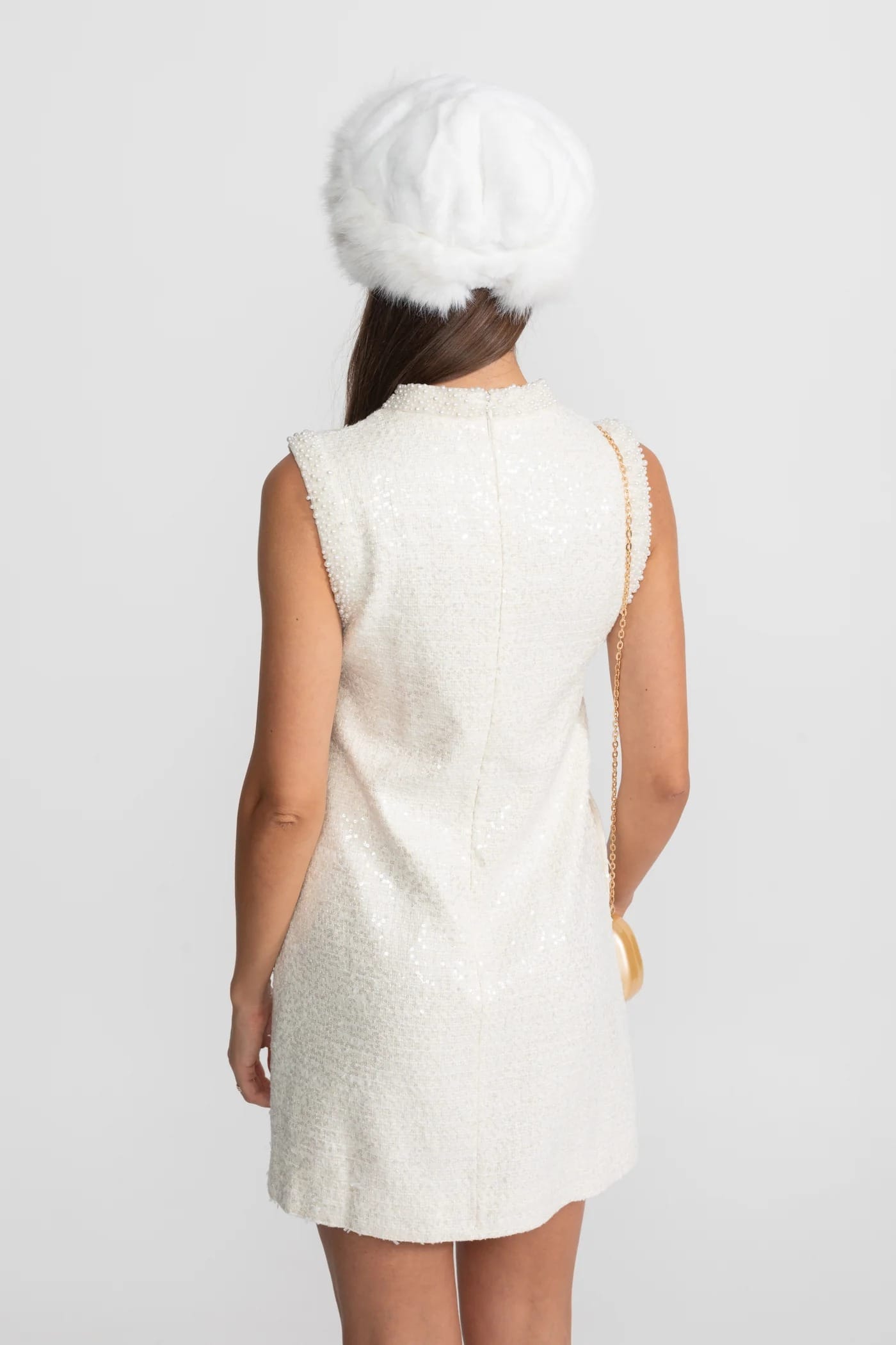 Sleeveless Mini Dress with Pearl Trim - White