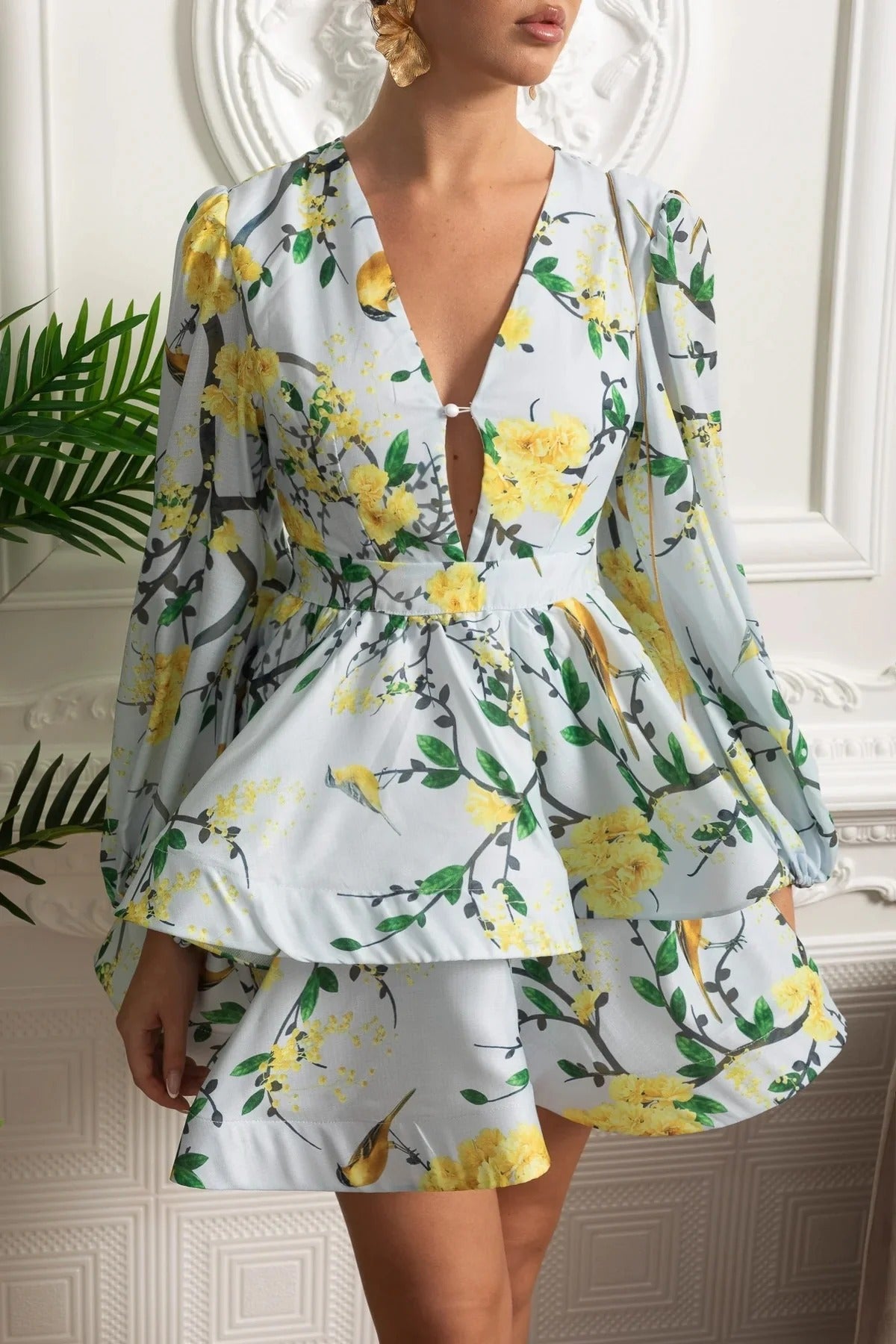 Long Sleeve Peplum Mini Dress With Yellow Floral Print - Light Blue