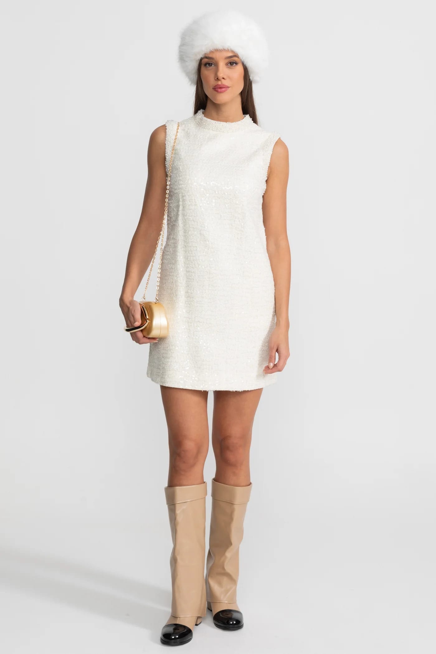 Sleeveless Mini Dress with Pearl Trim - White