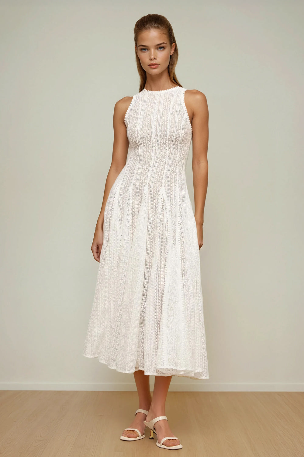 Sleeveless Lace Midi Dress - White