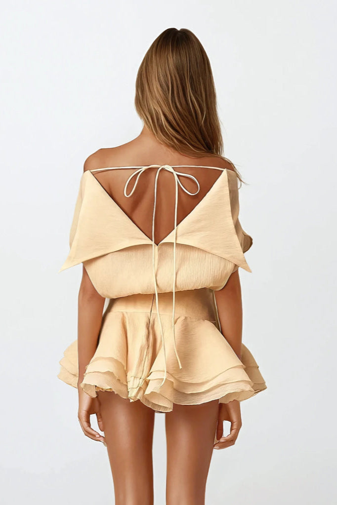 Boat Neckline Ruffled Mini Dress - Beige