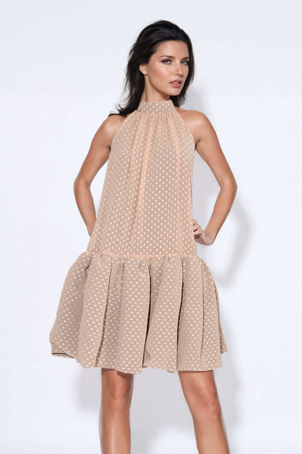 Polka Dot Halter Mini Dress - Beige