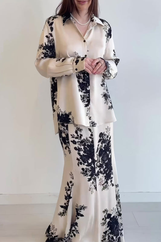 Floral Print Button-Up with Long Skirt Co-Ord Set