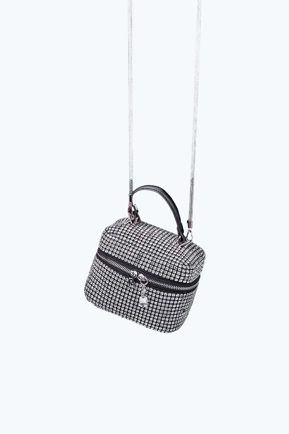 Boxy Crystal Handle Bag with Chain Strap and Zipper Lock