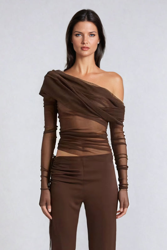 Long Sleeve Mesh Ruched Off-Shoulder Top - Brown