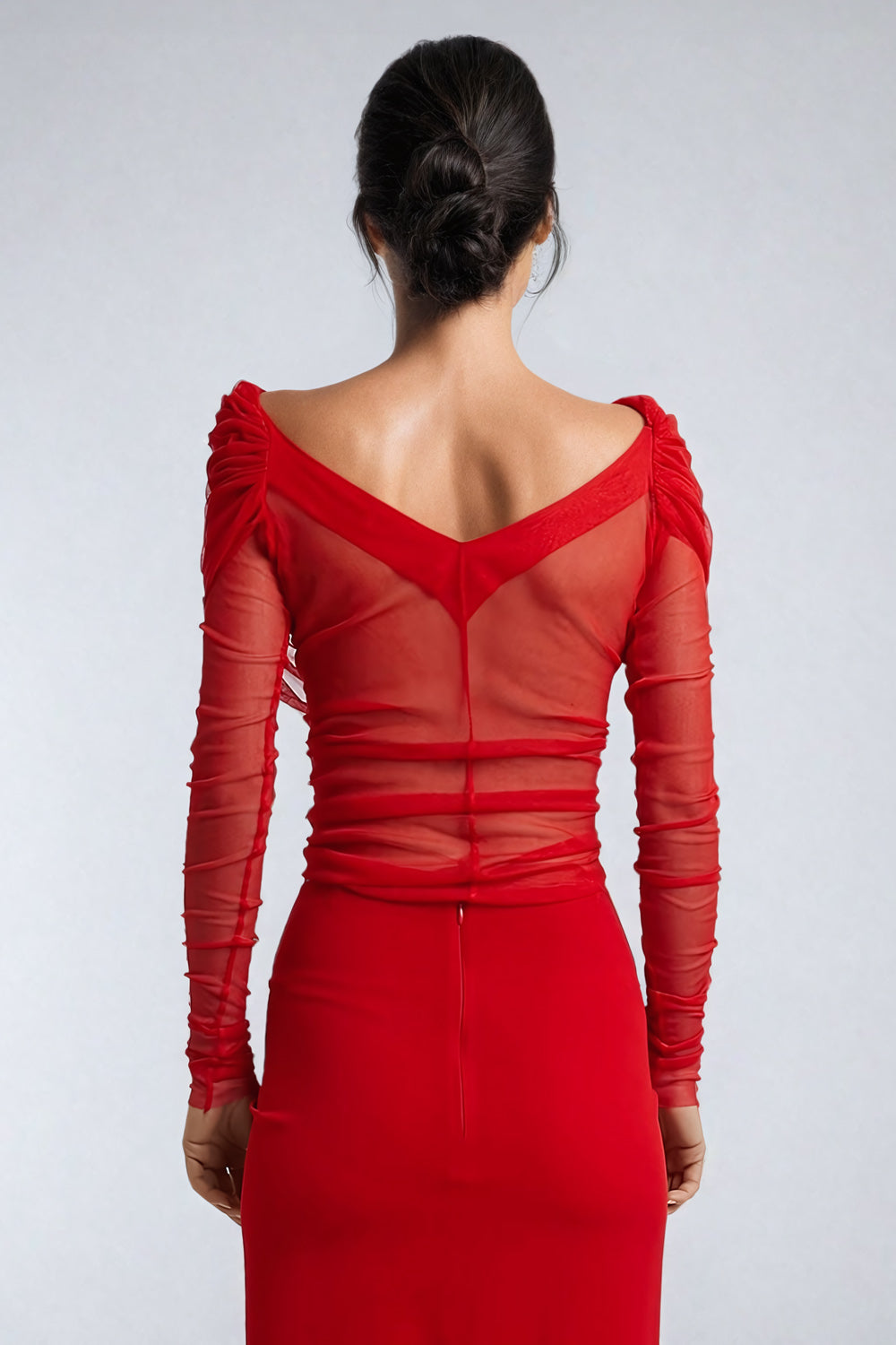 Long Sleeve Mesh Ruched Off-Shoulder Top - Red