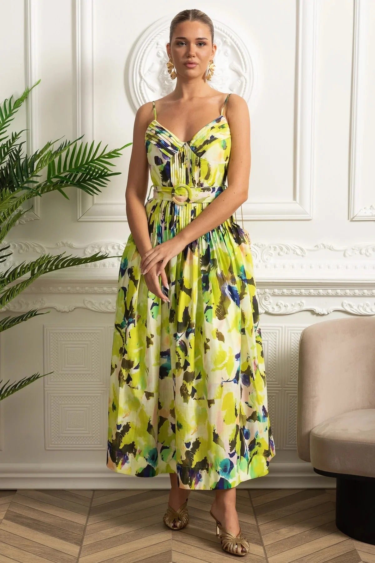 Structured Midi Dress With Pleated Skirt and Belt Detail - Yellow