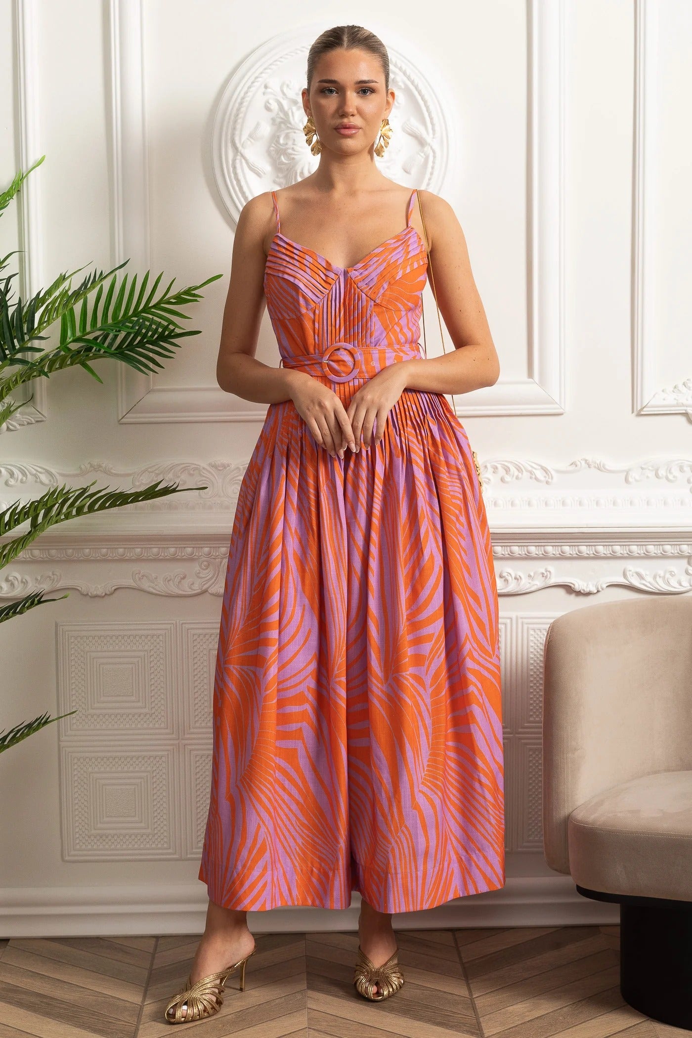 Structured Midi Dress With Pleated Skirt and Belt Detail - Orange