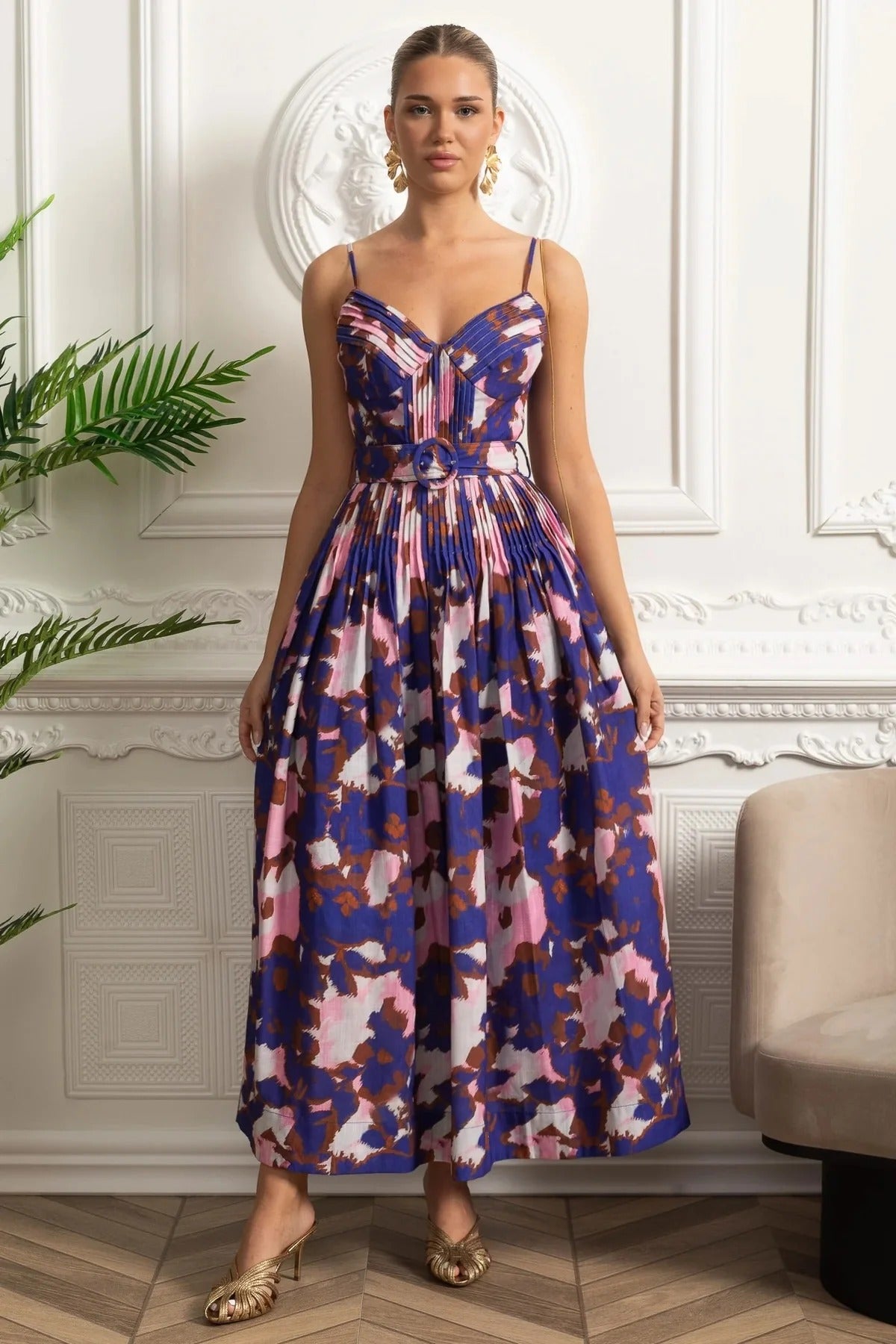 Structured Midi Dress With Pleated Skirt and Belt Detail - Purple