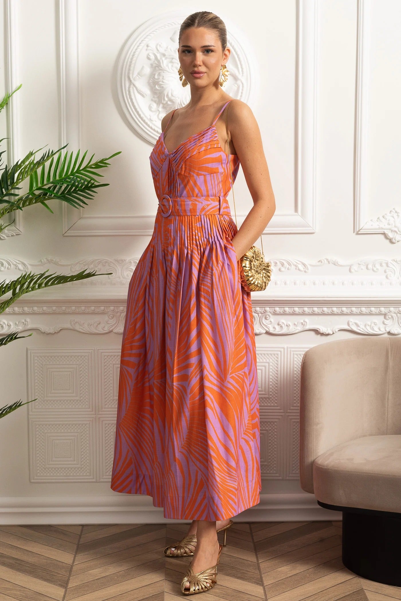 Structured Midi Dress With Pleated Skirt and Belt Detail - Orange