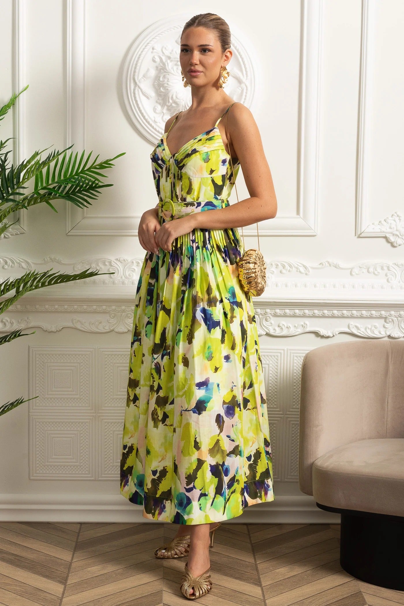 Structured Midi Dress With Pleated Skirt and Belt Detail - Yellow