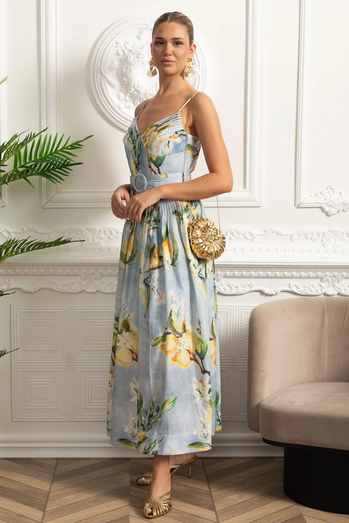 Structured Midi Dress With Pleated Skirt and Belt Detail - Blue
