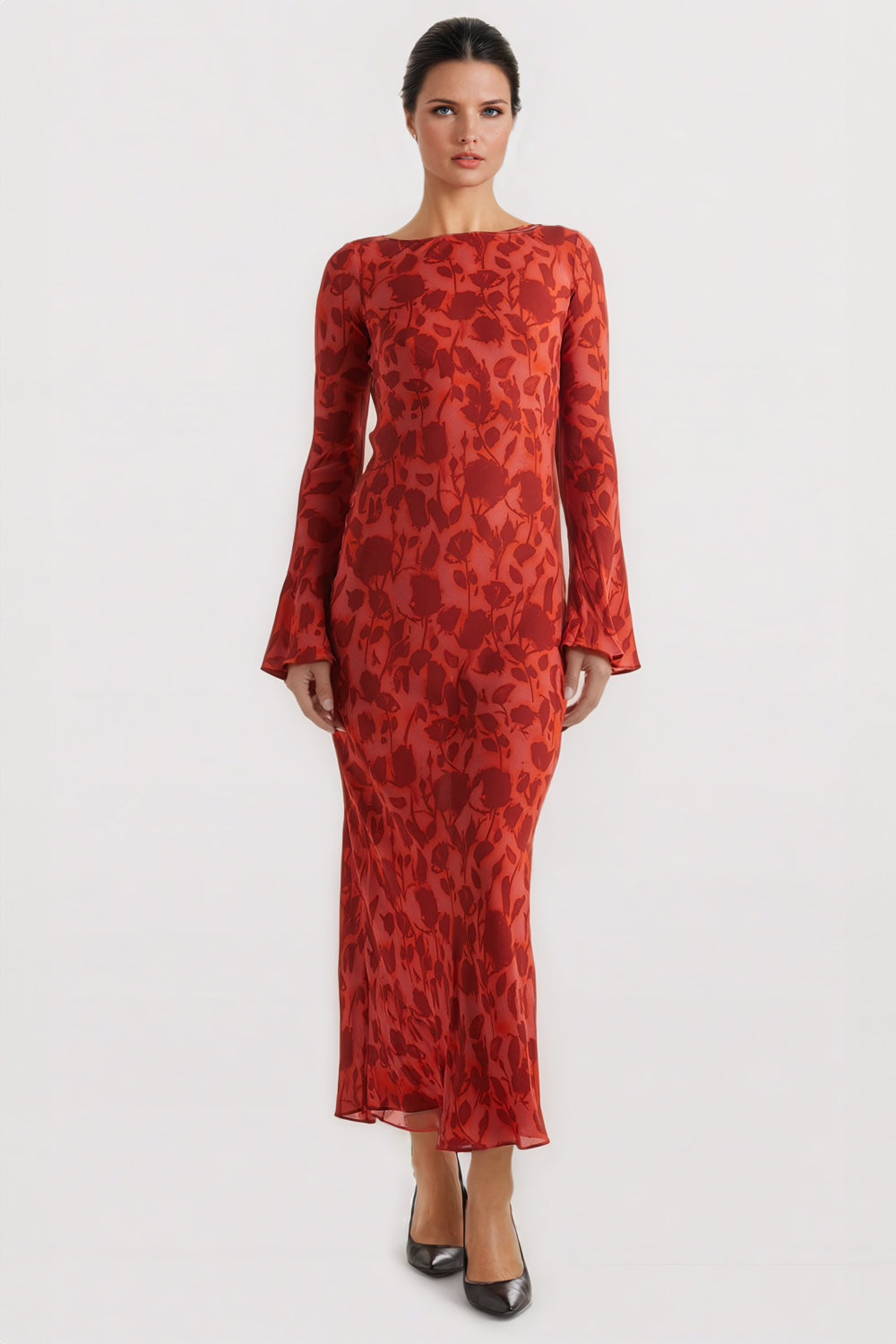 Long-Sleeve Floral Maxi Dress - Red