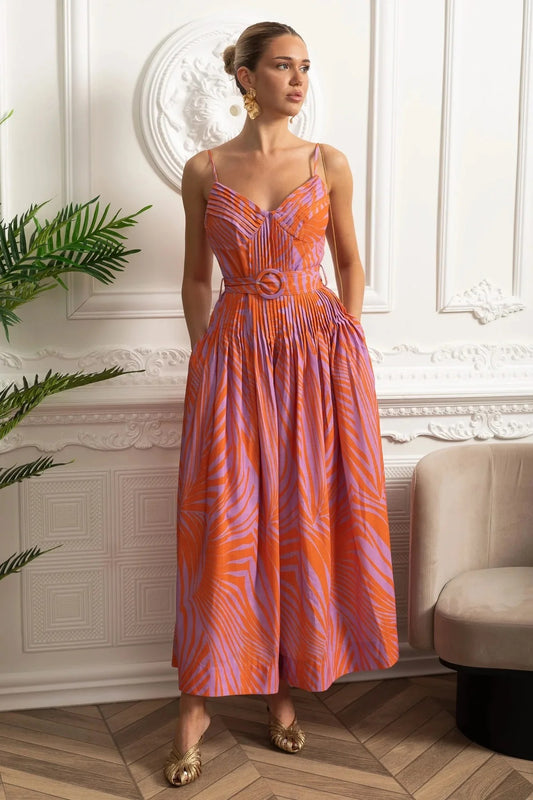 Structured Midi Dress With Pleated Skirt and Belt Detail - Orange