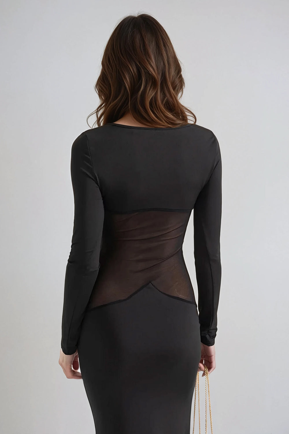 Long Sleeve Maxi Dress with Sheer Ruched Waist - Black