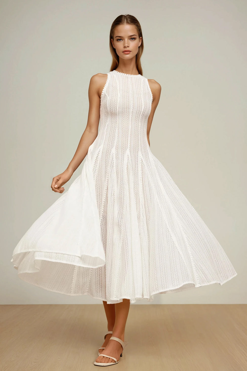 Sleeveless Lace Midi Dress - White