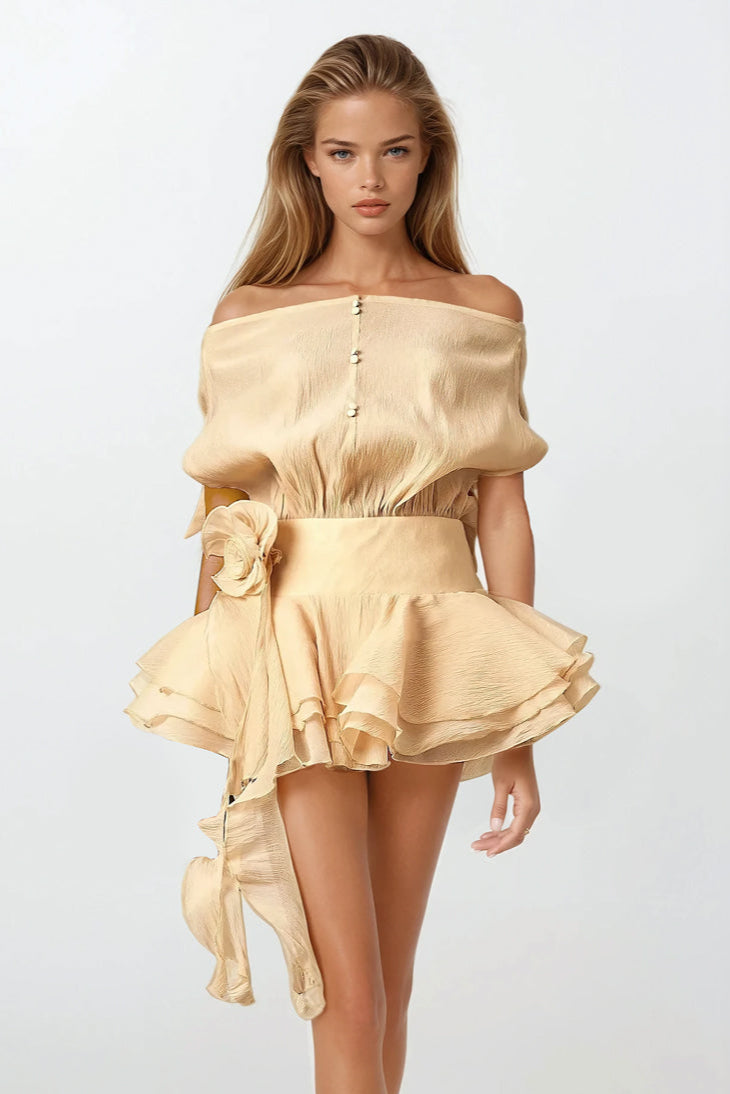 Boat Neckline Ruffled Mini Dress - Beige
