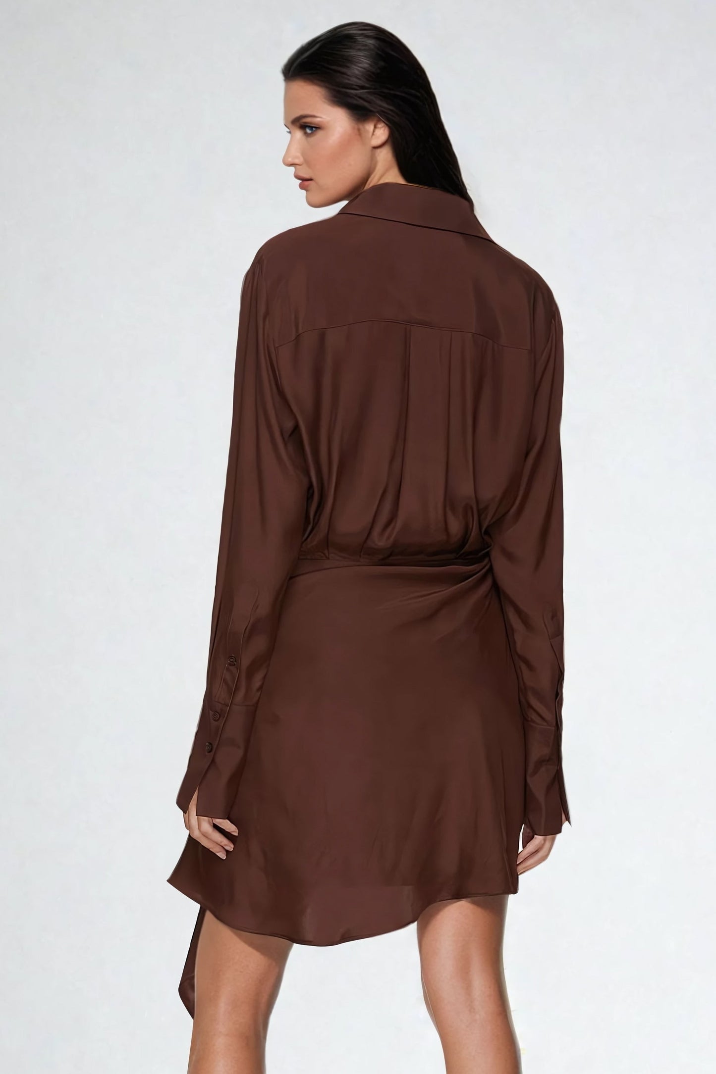 Mini Dress with Draped Waist and Spread Collar - Brown