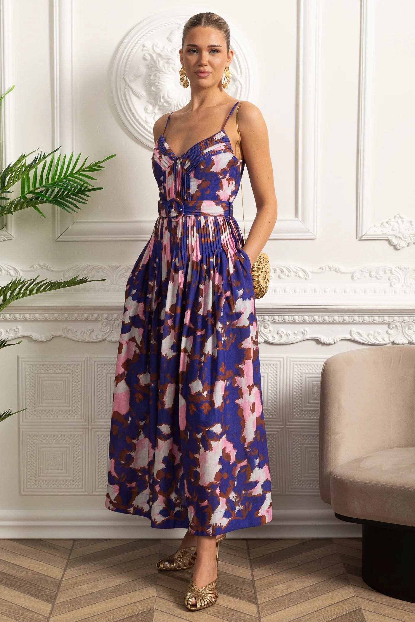 Structured Midi Dress With Pleated Skirt and Belt Detail - Purple
