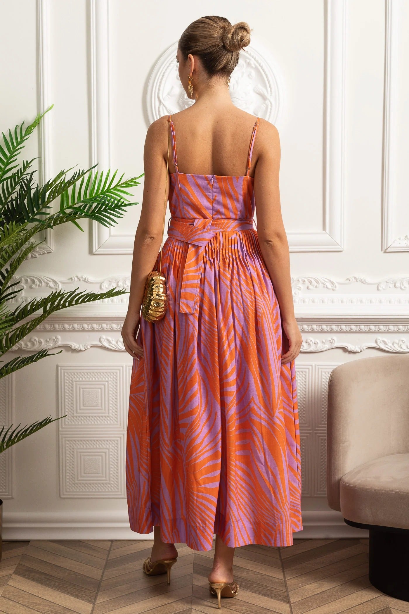 Structured Midi Dress With Pleated Skirt and Belt Detail - Orange