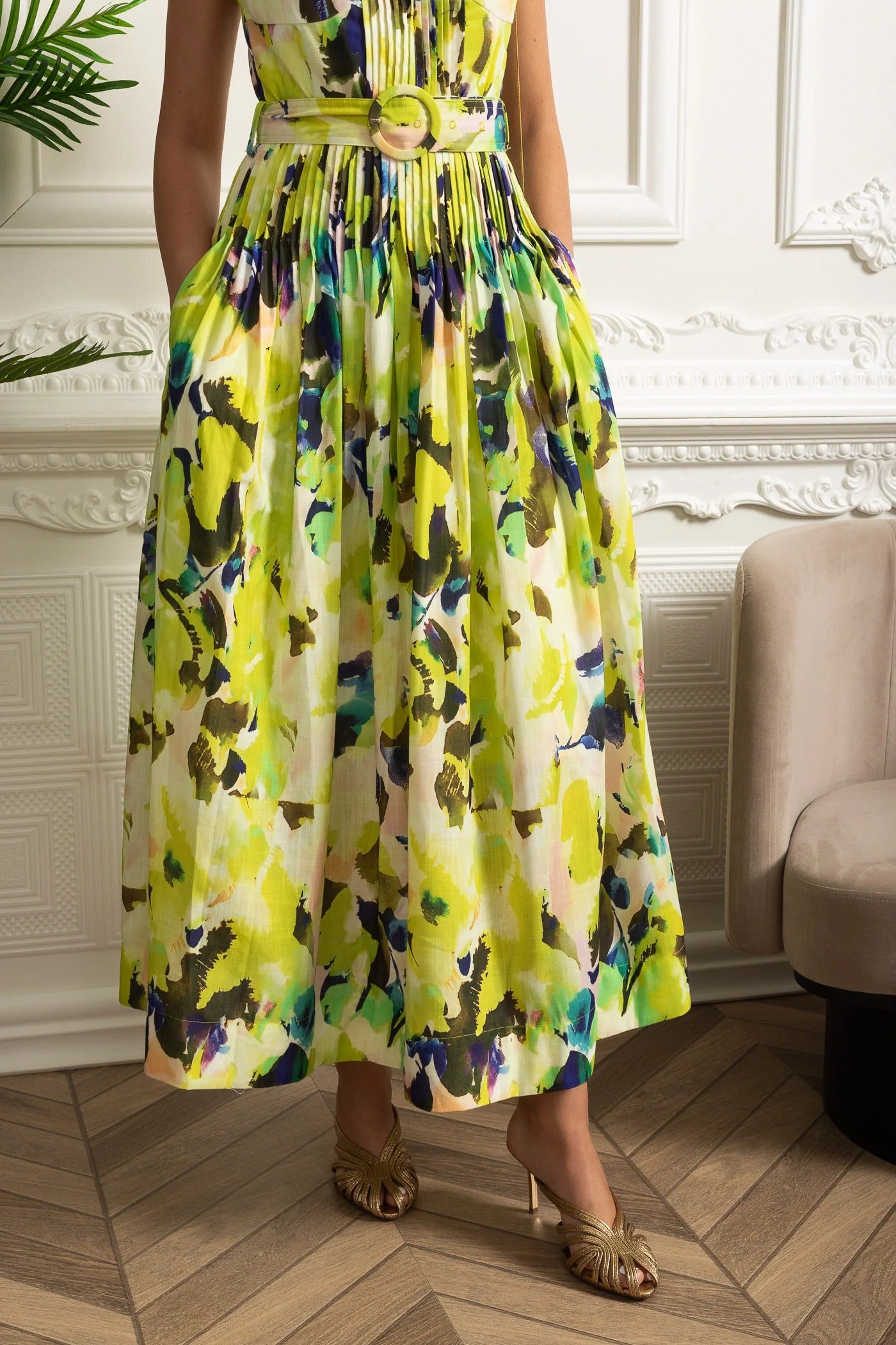 Structured Midi Dress With Pleated Skirt and Belt Detail - Yellow