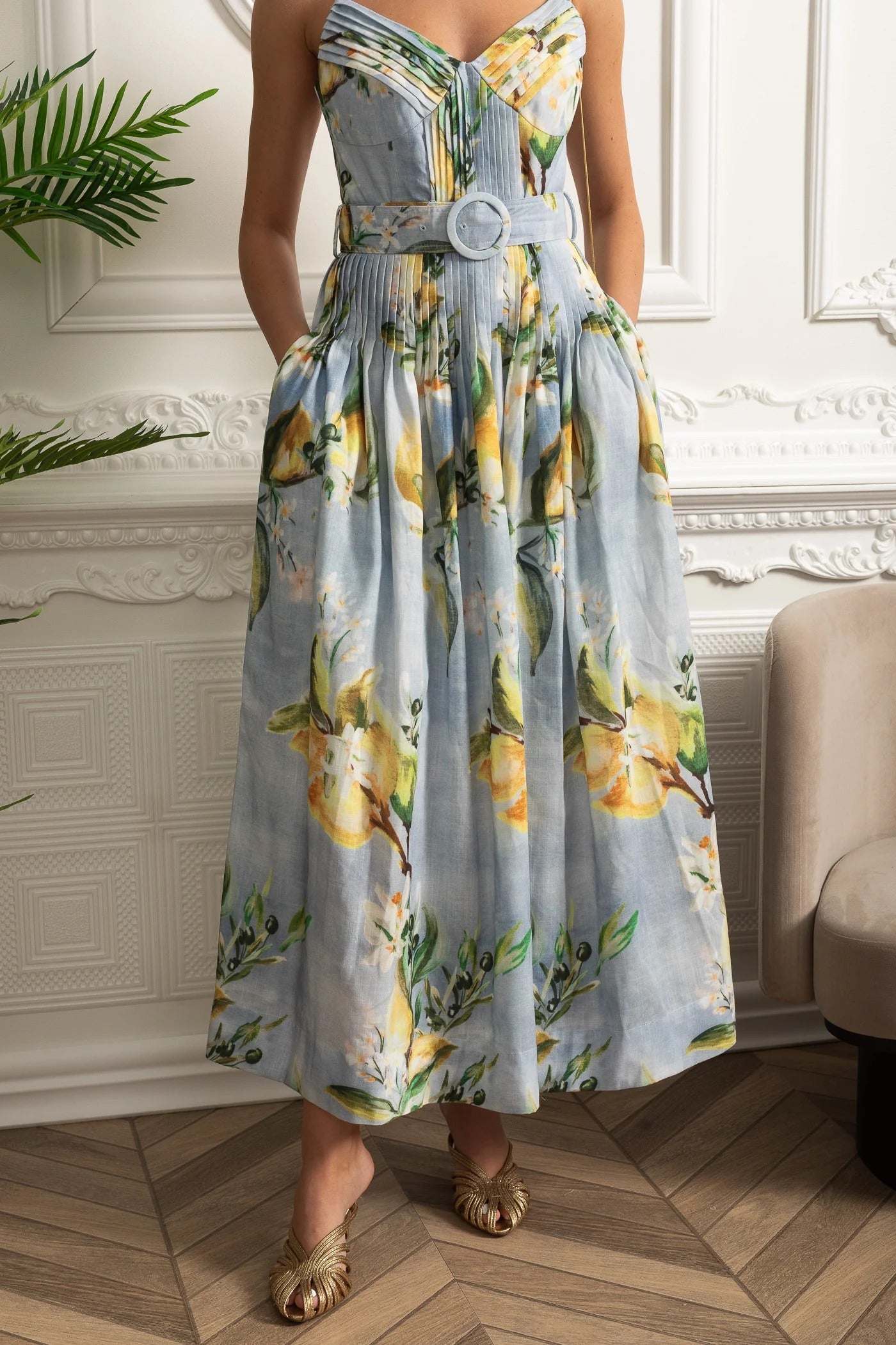 Structured Midi Dress With Pleated Skirt and Belt Detail - Blue