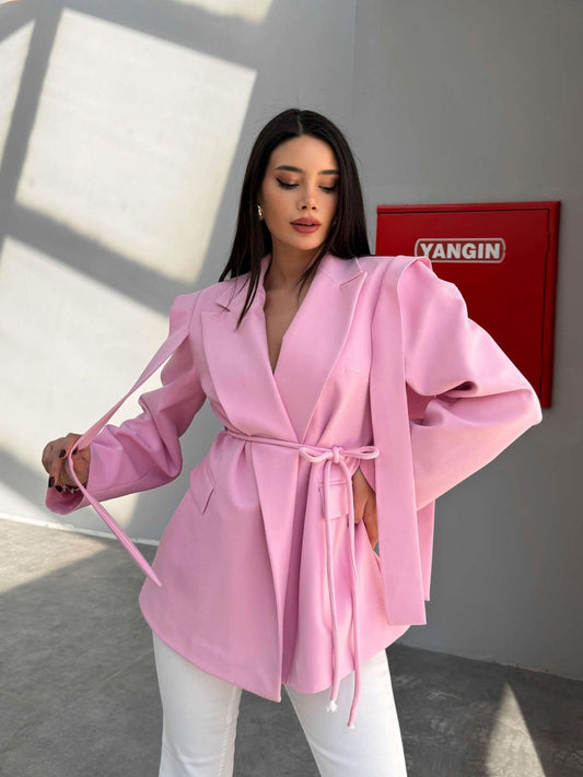 Oversized Blazer with Belted Waist and Layered Sleeves - Pink